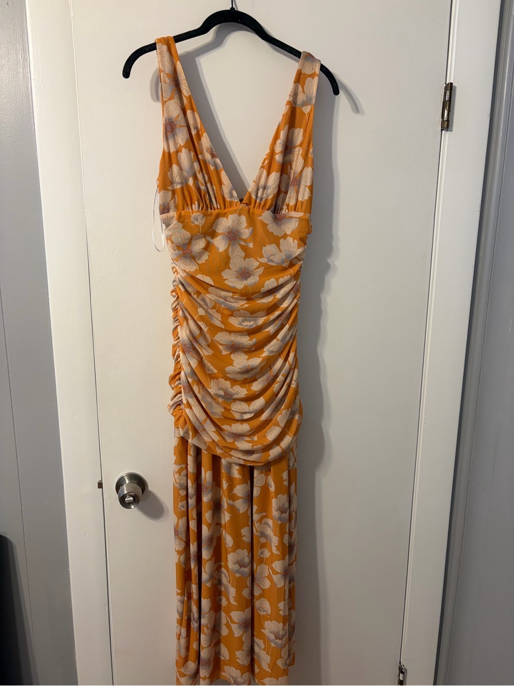 NWT Reformation Mustard Yellow Floral Ruched V-Neck Maxi Dress